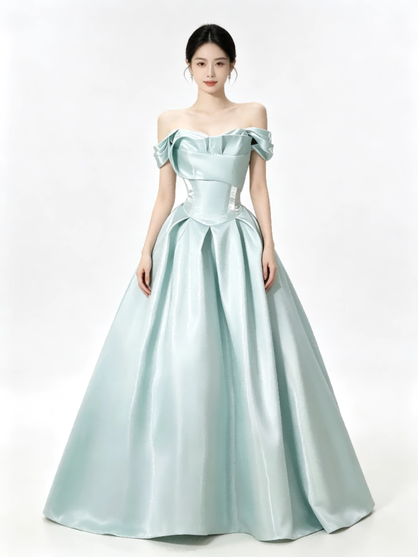 Mint Green Off Shoulder Ruffle Satin Corset A Line Formal Ball Gown Maxi Dress