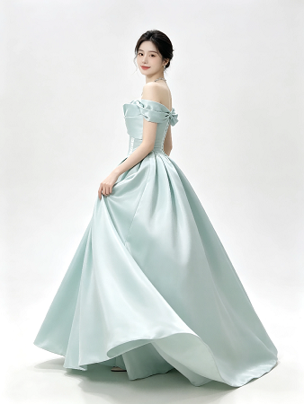 Mint Green Off Shoulder Ruffle Satin Corset A Line Formal Ball Gown Maxi Dress