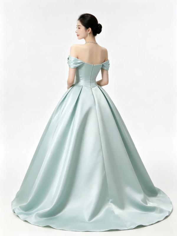 Mint Green Off Shoulder Ruffle Satin Corset A Line Formal Ball Gown Maxi Dress