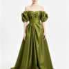 Olive Green Off Shoulder Puff Sleeve Satin Ball Gown Chest Bow Pleated Long Train Formal Evening Maxi Dress