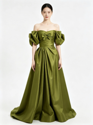 Olive Green Off Shoulder Puff Sleeve Satin Ball Gown Chest Bow Pleated Long Train Formal Evening Maxi Dress