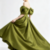 Olive Green Off Shoulder Puff Sleeve Satin Ball Gown Chest Bow Pleated Long Train Formal Evening Maxi Dress