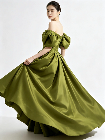 Olive Green Off Shoulder Puff Sleeve Satin Ball Gown Chest Bow Pleated Long Train Formal Evening Maxi Dress