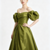 Olive Green Off Shoulder Puff Sleeve Satin Ball Gown Chest Bow Pleated Long Train Formal Evening Maxi Dress