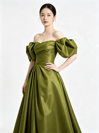 Olive Green Off Shoulder Puff Sleeve Satin Ball Gown Chest Bow Pleated Long Train Formal Evening Maxi Dress