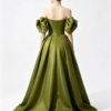 Olive Green Off Shoulder Puff Sleeve Satin Ball Gown Chest Bow Pleated Long Train Formal Evening Maxi Dress