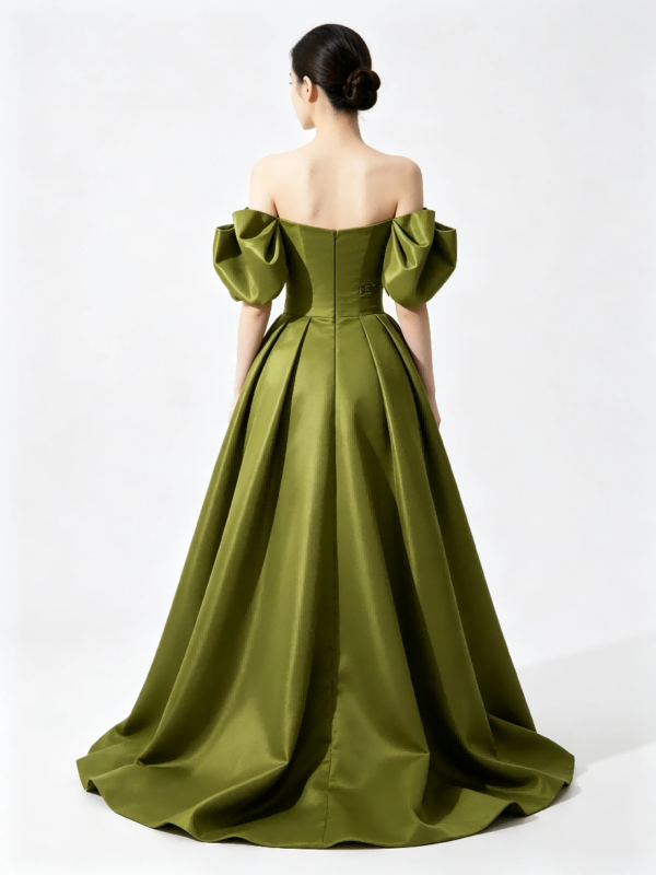 Olive Green Off Shoulder Puff Sleeve Satin Ball Gown Chest Bow Pleated Long Train Formal Evening Maxi Dress