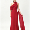 Red High Neck One Shoulder Draped Chiffon Mermaid Formal Evening Maxi Gown