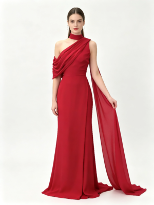 Red High Neck One Shoulder Draped Chiffon Mermaid Formal Evening Maxi Gown