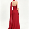 Red High Neck One Shoulder Draped Chiffon Mermaid Formal Evening Maxi Gown