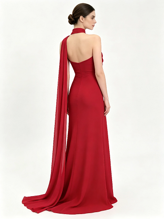 Red High Neck One Shoulder Draped Chiffon Mermaid Formal Evening Maxi Gown