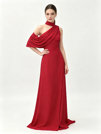 Red High Neck One Shoulder Draped Chiffon Mermaid Formal Evening Maxi Gown