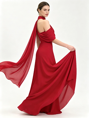 Red High Neck One Shoulder Draped Chiffon Mermaid Formal Evening Maxi Gown
