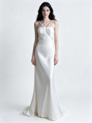 Ivory Pearl Spaghetti Strap Satin Mermaid Wedding Formal Evening Maxi Gown