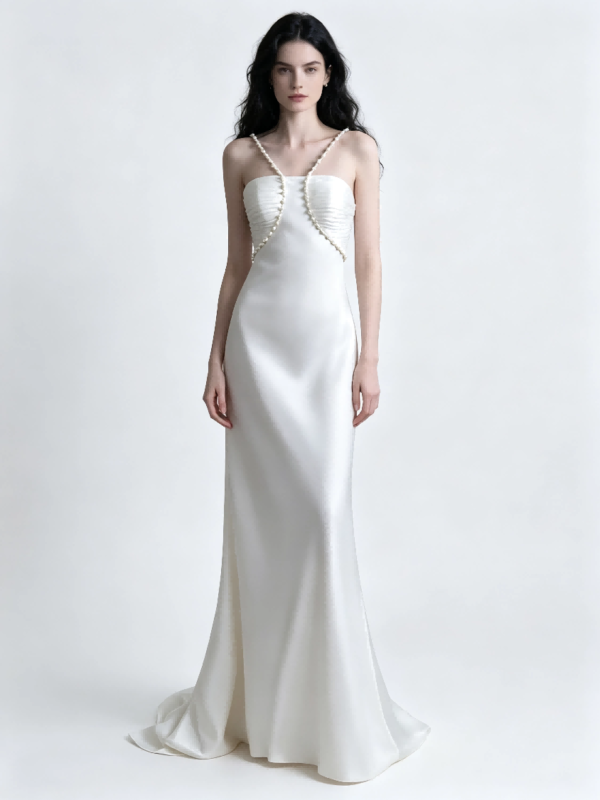 Ivory Pearl Spaghetti Strap Satin Mermaid Wedding Formal Evening Maxi Gown