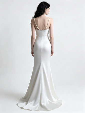 Ivory Pearl Spaghetti Strap Satin Mermaid Wedding Formal Evening Maxi Gown