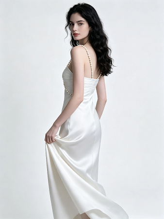 Ivory Pearl Spaghetti Strap Satin Mermaid Wedding Formal Evening Maxi Gown