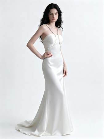 Ivory Pearl Spaghetti Strap Satin Mermaid Wedding Formal Evening Maxi Gown