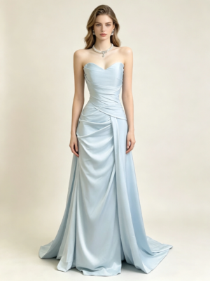 Light Blue Strapless Sweetheart Ruched Satin Mermaid Formal Evening Maxi Gown