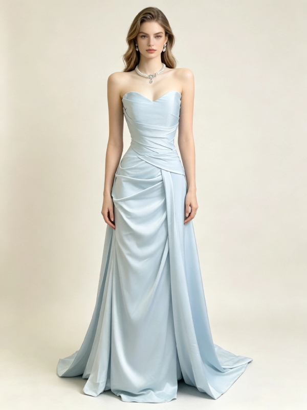 Light Blue Strapless Sweetheart Ruched Satin Mermaid Formal Evening Maxi Gown