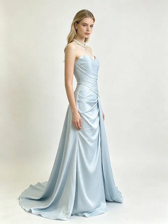 Light Blue Strapless Sweetheart Ruched Satin Mermaid Formal Evening Maxi Gown