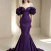 Dark Purple Off Shoulder 3D Floral Satin Mermaid Formal Evening Maxi Gown