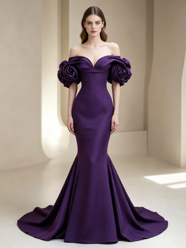 Dark Purple Off Shoulder 3D Floral Satin Mermaid Formal Evening Maxi Gown