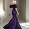 Dark Purple Off Shoulder 3D Floral Satin Mermaid Formal Evening Maxi Gown
