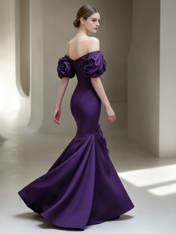 Dark Purple Off Shoulder 3D Floral Satin Mermaid Formal Evening Maxi Gown