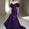 Dark Purple Off Shoulder 3D Floral Satin Mermaid Formal Evening Maxi Gown