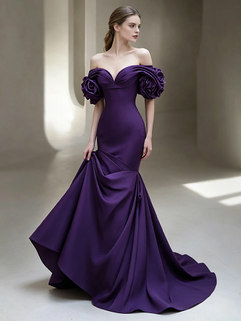 Dark Purple Off Shoulder 3D Floral Satin Mermaid Formal Evening Maxi Gown
