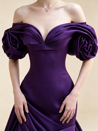 Dark Purple Off Shoulder 3D Floral Satin Mermaid Formal Evening Maxi Gown