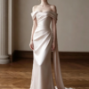 Champagne Off Shoulder Twist Draped Satin Mermaid Formal Evening Maxi Gown