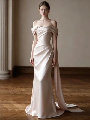 Champagne Off Shoulder Twist Draped Satin Mermaid Formal Evening Maxi Gown