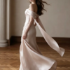 Champagne Off Shoulder Twist Draped Satin Mermaid Formal Evening Maxi Gown