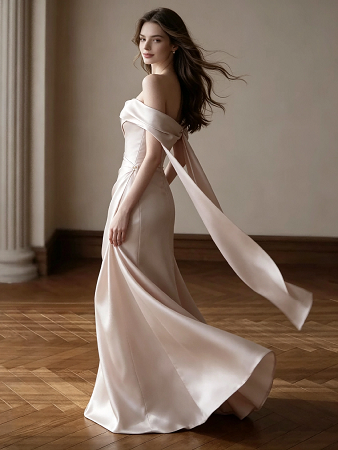Champagne Off Shoulder Twist Draped Satin Mermaid Formal Evening Maxi Gown