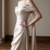 Champagne Off Shoulder Twist Draped Satin Mermaid Formal Evening Maxi Gown