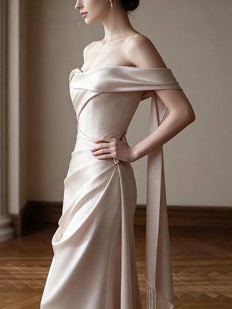 Champagne Off Shoulder Twist Draped Satin Mermaid Formal Evening Maxi Gown