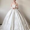 Ivory Strapless Bow Satin Lace Ball Gown Wedding Dress For Bride