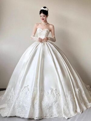 Ivory Strapless Bow Satin Lace Ball Gown Wedding Dress For Bride