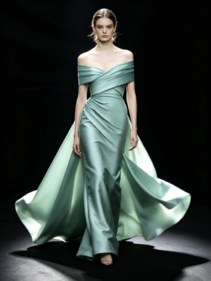 Sage Green Off Shoulder Cross Ruched Satin Mermaid Formal Evening Maxi Gown