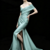 Sage Green Off Shoulder Cross Ruched Satin Mermaid Formal Evening Maxi Gown