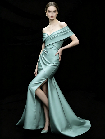 Sage Green Off Shoulder Cross Ruched Satin Mermaid Formal Evening Maxi Gown