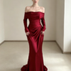 Burgundy Off Shoulder Long Sleeve Ruched Satin Mermaid Formal Evening Maxi Gown