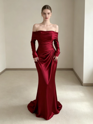 Burgundy Off Shoulder Long Sleeve Ruched Satin Mermaid Formal Evening Maxi Gown