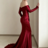 Burgundy Off Shoulder Long Sleeve Ruched Satin Mermaid Formal Evening Maxi Gown