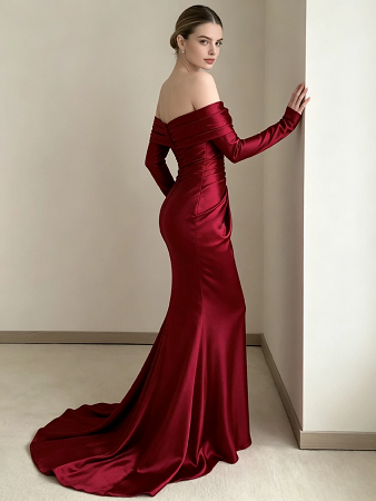 Burgundy Off Shoulder Long Sleeve Ruched Satin Mermaid Formal Evening Maxi Gown