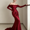 Burgundy Off Shoulder Long Sleeve Ruched Satin Mermaid Formal Evening Maxi Gown