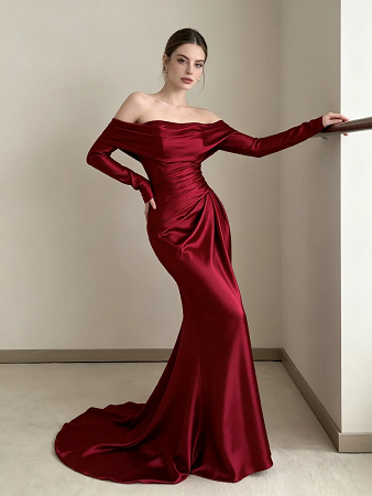 Burgundy Off Shoulder Long Sleeve Ruched Satin Mermaid Formal Evening Maxi Gown