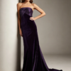 Dark Purple Strapless Pleated Satin Top Velvet Mermaid Maxi Dress Long Train Formal Evening Gown